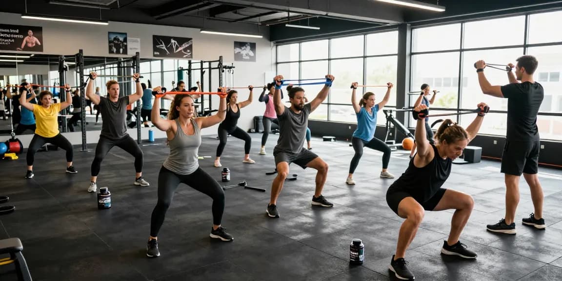 Actieve training met een groep in de Unique Pharma Steroiden Winkel, waarin deelnemers krachttraining doen met hulp van professionals.