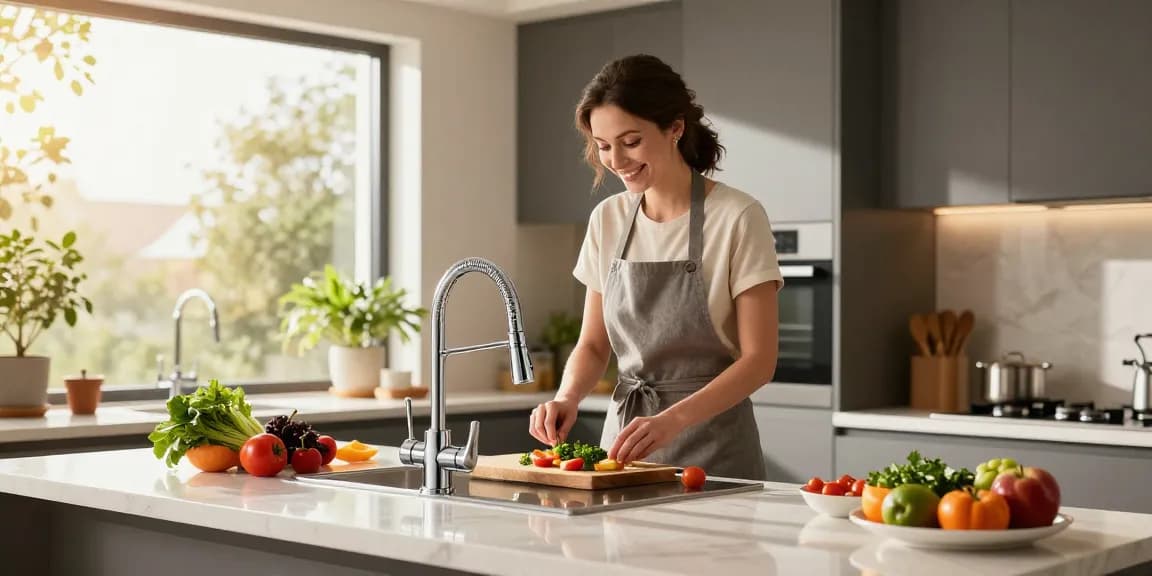 Moderne keuken met een stijlvolle design kraan en verse ingrediënten voor een gourmet maaltijd.