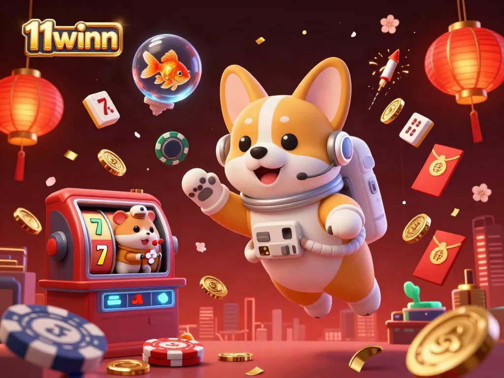 Experience dynamic gaming at 11winn with a floating corgi astronaut in a vibrant casino scene.