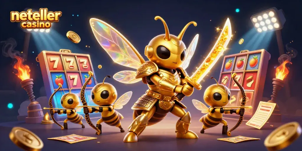 Experience thrilling action at a neteller casino with vibrant characters and casino elements.