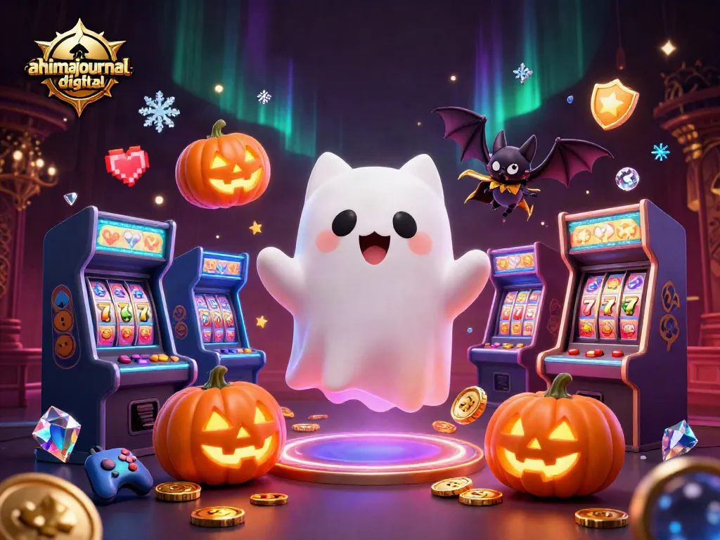 Engage with ahimajournal-digital's thrilling gaming scene featuring a ghost cat, casino machines, and glowing jack-o-lanterns.