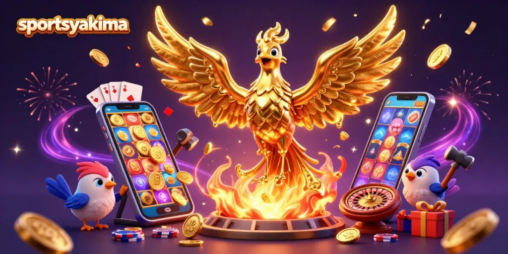 Engage with sportsyakima's electrifying casino scene featuring a golden phoenix and dynamic gambling elements.