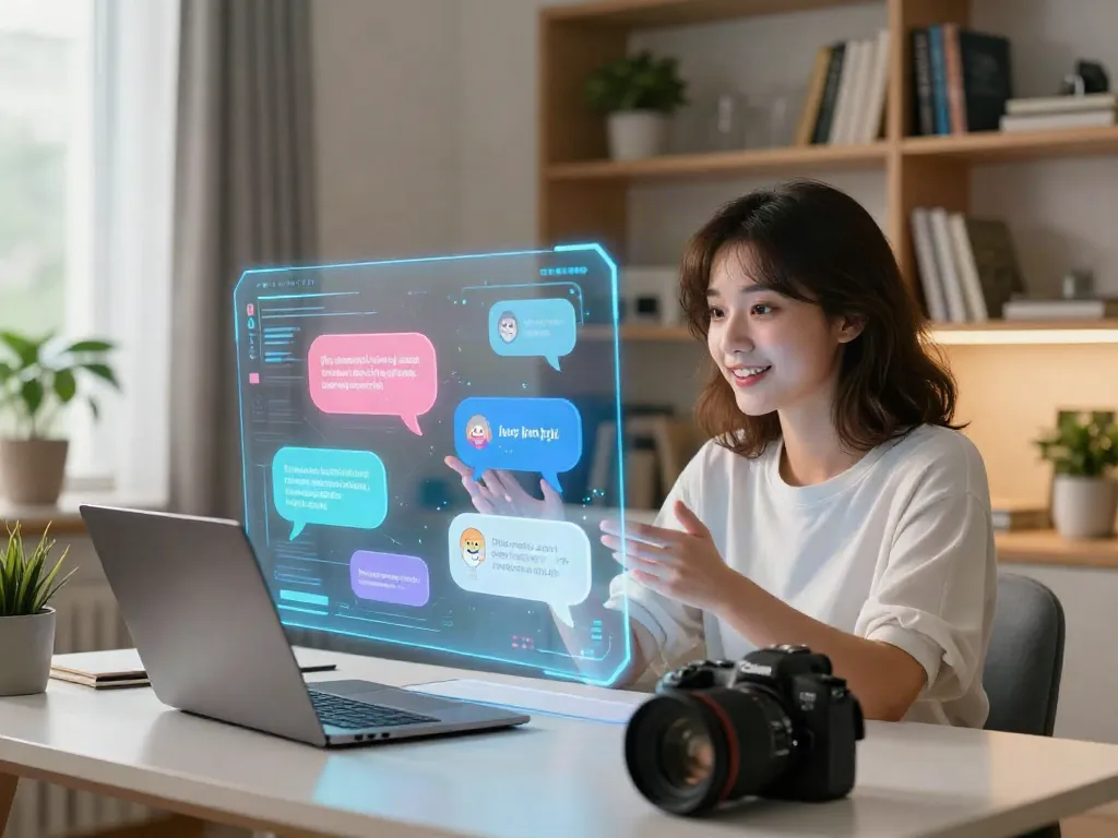Engaging interaction with juicy ai via a holographic chat interface in a modern workspace.