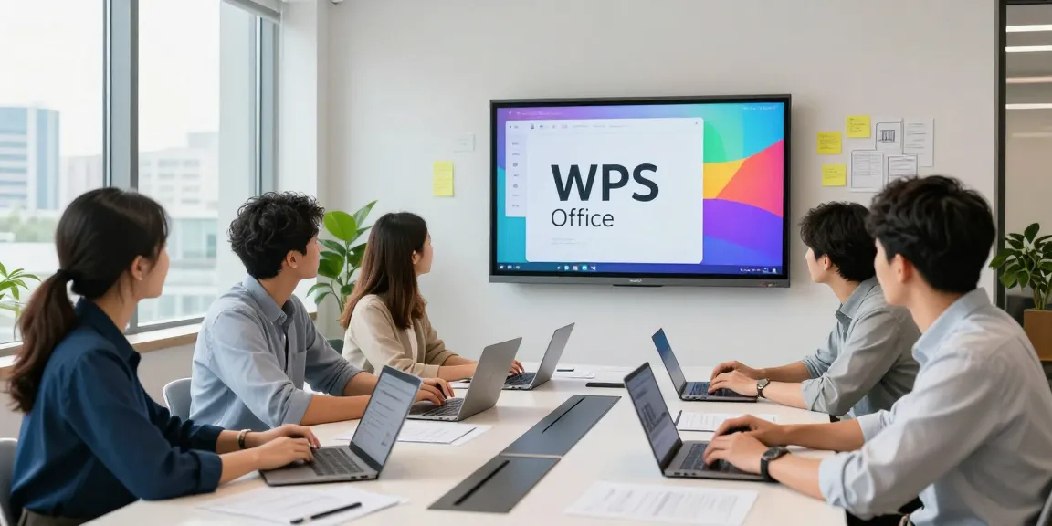 团队协作使用WPS办公软件的现代办公室环境，展示高效办公场景。