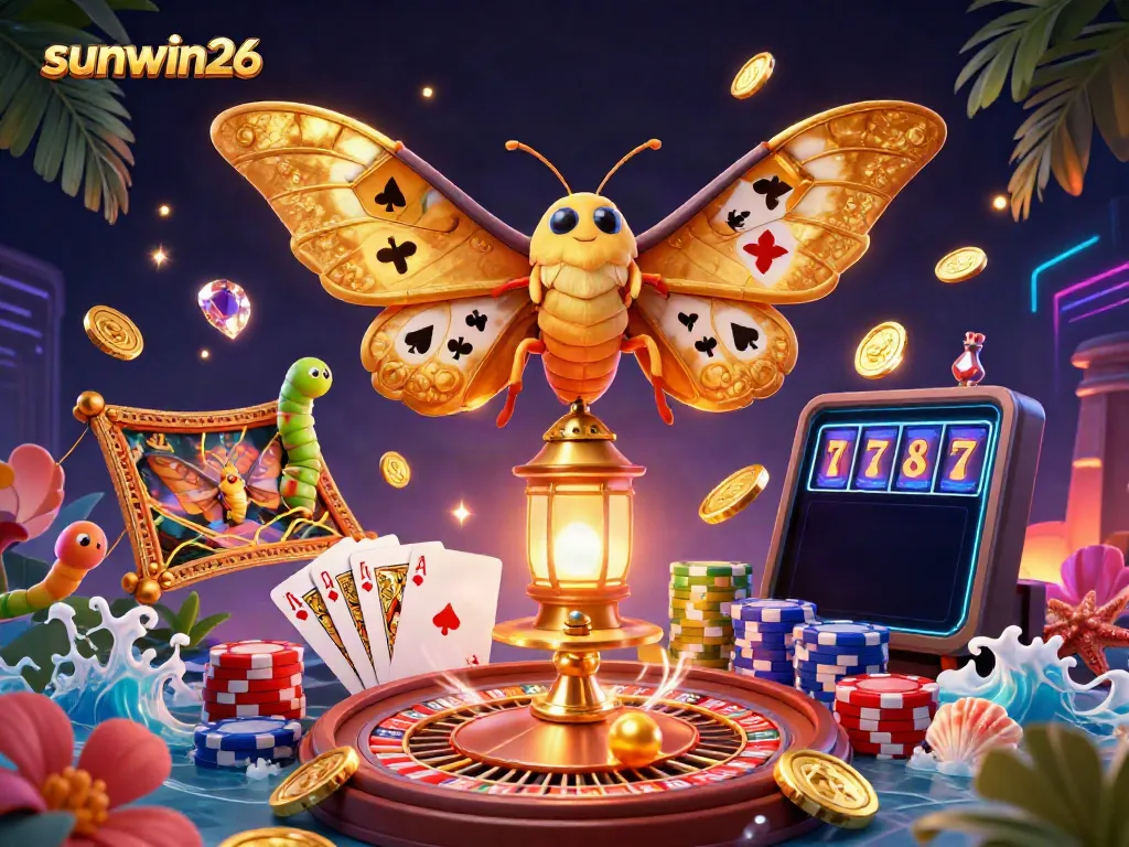 Cascade golden coins and vibrant slots surround sunwin26's golden moth in 3D casino illustration.