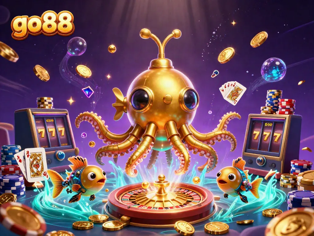 Experience thrilling casino action with the vibrant go 88 and its golden kraken amidst shimmering coins.