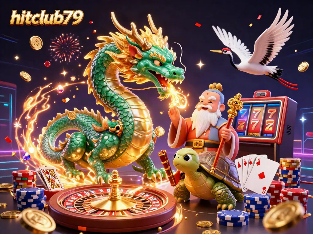 Experience the excitement of hitclub79 with a captivating 3D casino scene featuring a majestic dragon and vibrant game elements.