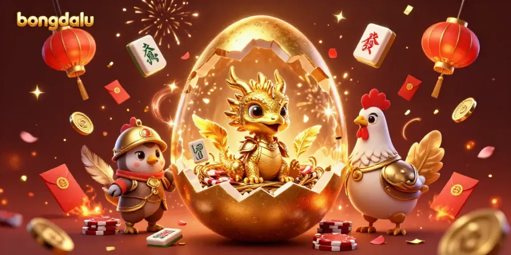 Engage with bongdalu's thrilling atmosphere, showcasing a golden baby dragon and poker chips amidst festive Chinese decorations.