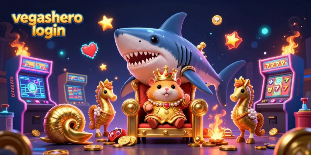 Engage in gaming excitement with VegasHero login featuring a golden hamster king on a shark tooth throne.