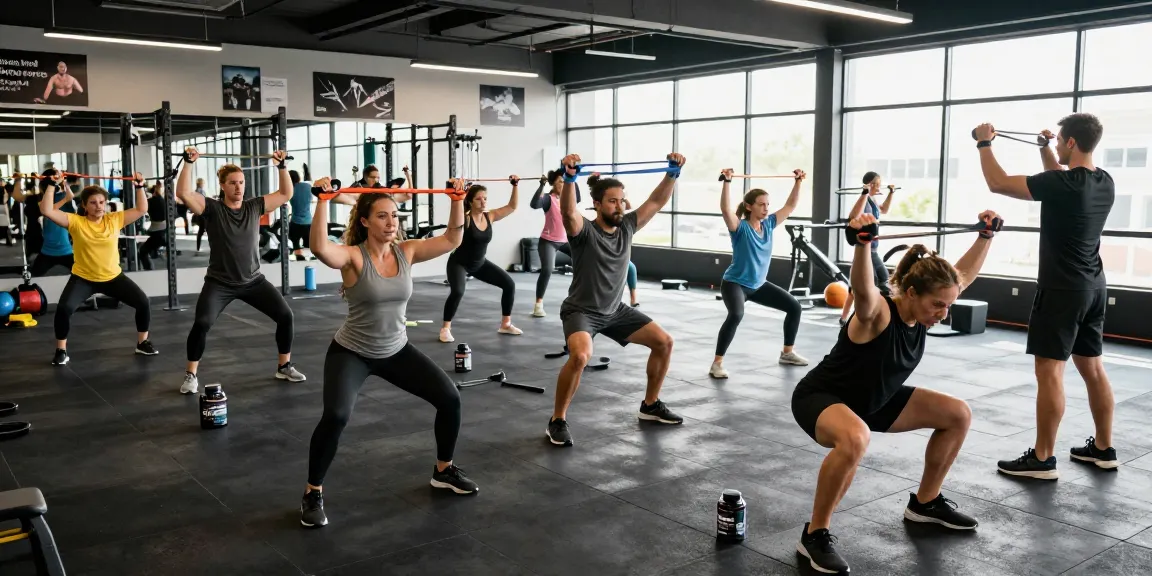 Actieve training met een groep in de Unique Pharma Steroiden Winkel, waarin deelnemers krachttraining doen met hulp van professionals.