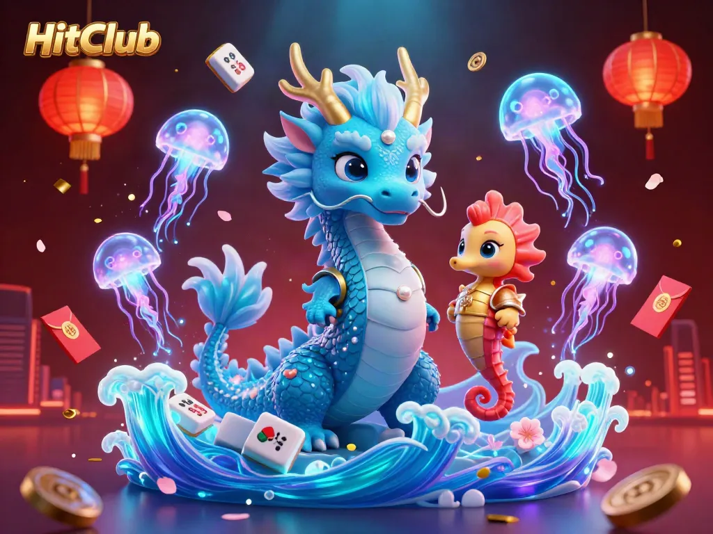 Experience the vibrant world of HitClub with a majestic azure water dragon and seahorse knight amid glowing casino elements in a captivating scene.