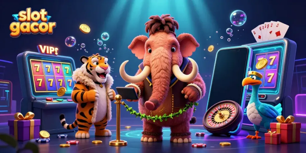 Experience jackpot wins at slot gacor with vibrant animated characters celebrating in a colorful casino.