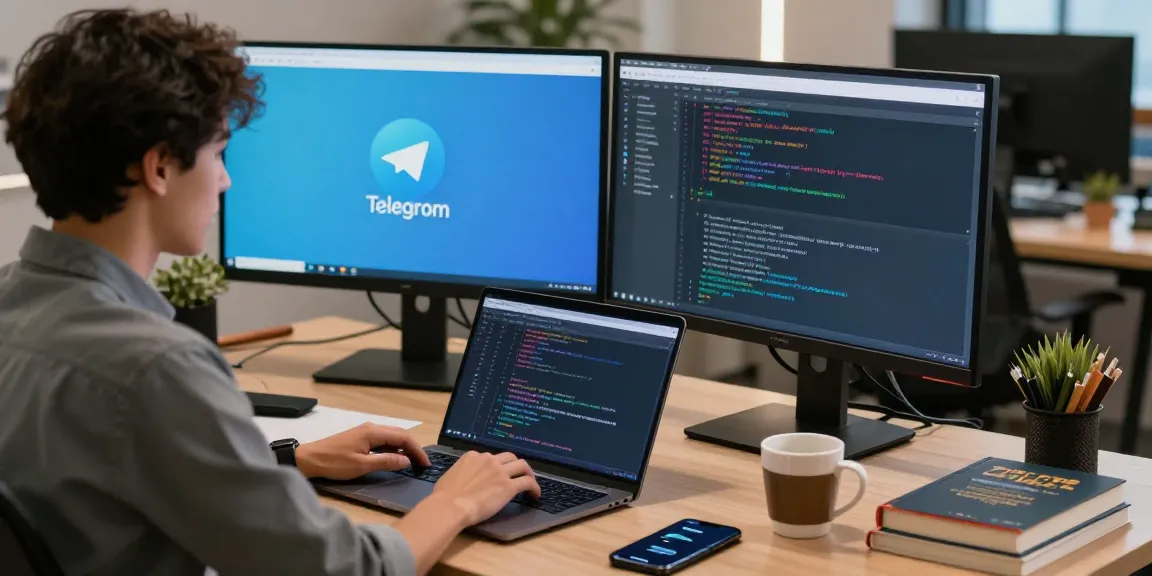 Download Telegram on a sleek tech workspace with coding screens and developer tools.