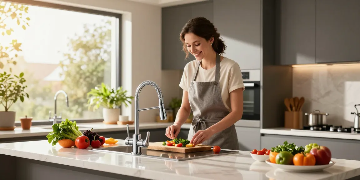 Moderne keuken met een stijlvolle design kraan en verse ingrediënten voor een gourmet maaltijd.