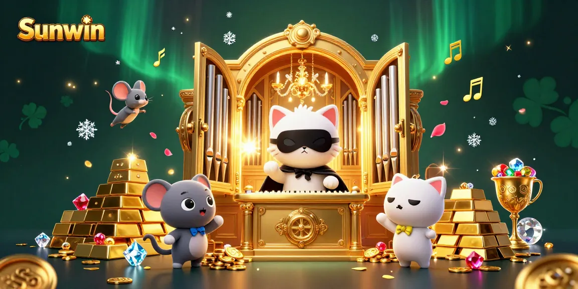 Experience thrilling excitement with Sunwin at the vibrant casino featuring a musical cat and treasure-filled scene.