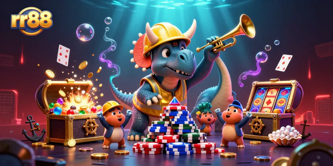 rr88: Celebrate online gaming with this vibrant 3D scene featuring a triceratops building a poker chip pyramid.