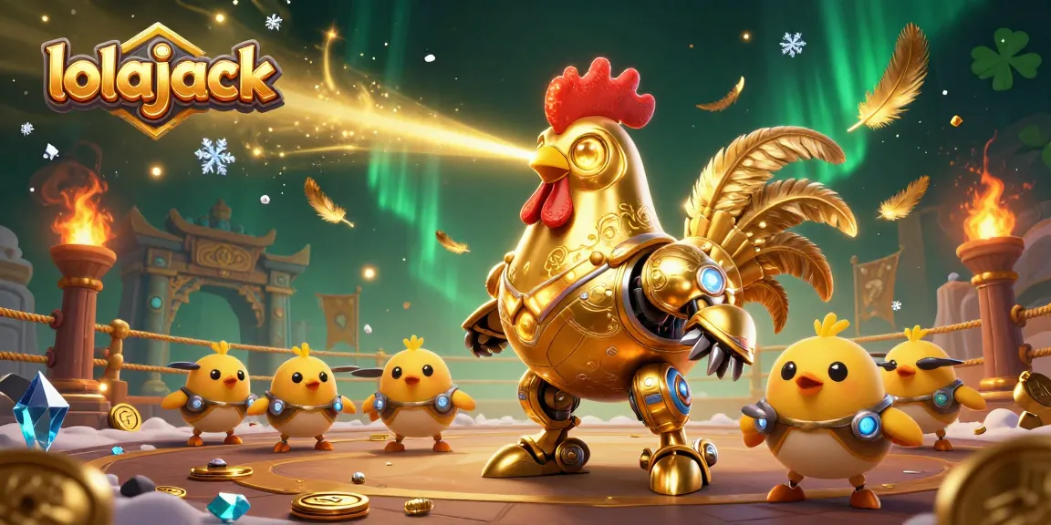 Lolajack casino features an epic 3D golden rooster robot and baby chick drones in a dynamic gambling scene.
