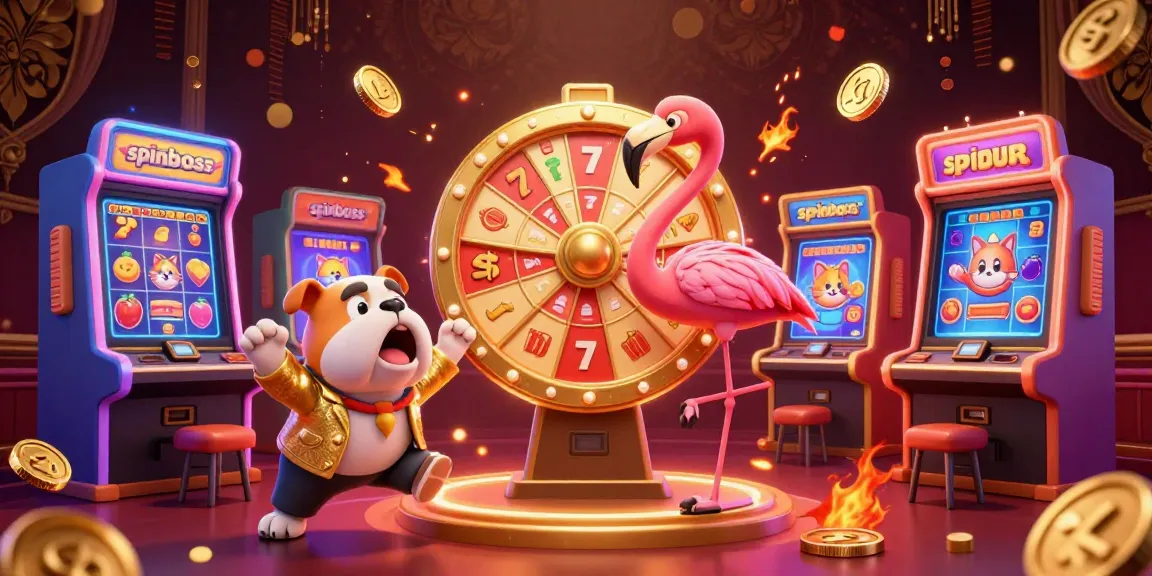 Spinboss showcases excitement with a flamingo host, bulldog contestant, and vibrant slot machines in a casino.