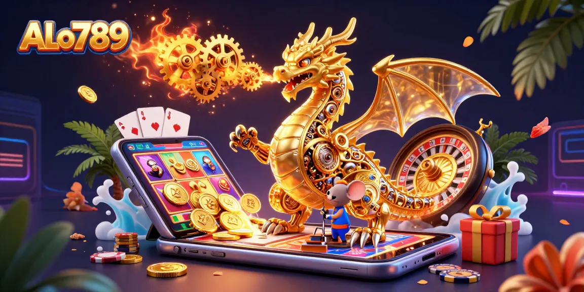 Play slots and win big with ALo789's vibrant casino illustration featuring a mechanical golden dragon.